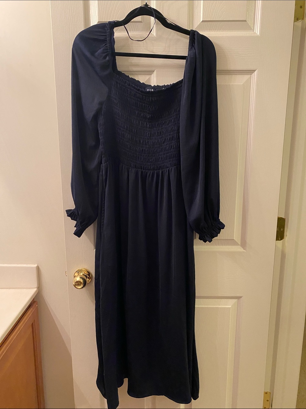 GAP Navy Smocked Long Sleeve Midi Dress